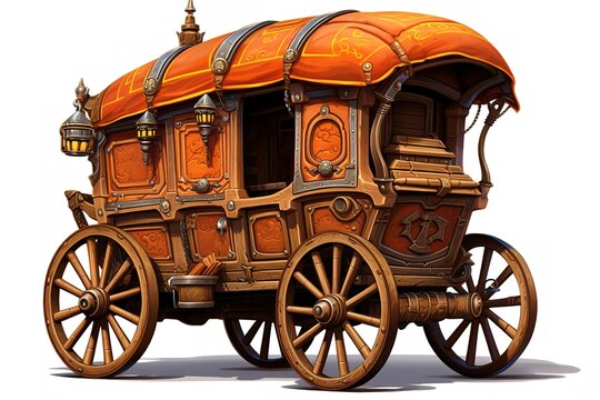 Detailed illustration of a whimsical and ornate horse drawn gypsy wagon with vibrant colors