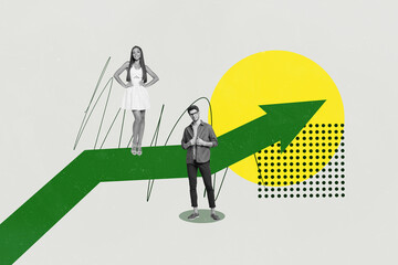 Image pop 3d zine collage of happy businessman businesswoman stand arrow development career chance...