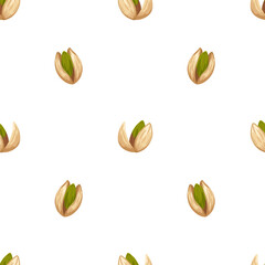 Pistachio vector cartoon hand drawn seamless pattern. Nuts food illustration. Opened and closed pistachios motif for packaging, wrapping, textile design, kitchen decor, product visuals, menu