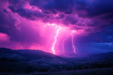 Spectacular Pink Lightning Strikes Over Mountain Valley Landscape at Dusk, Dramatic Nature Photography
