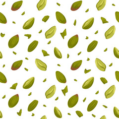 Pistachio vector cartoon hand drawn seamless pattern. Falling nuts food illustration. Open and crushed pistachios motif for packaging, wrapping, textile design, kitchen decor, product visuals, menu