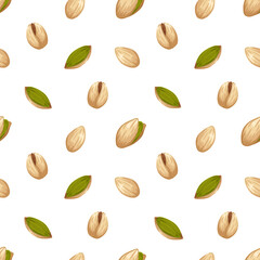 Pistachio pattern with nuts in different forms. Vector cartoon hand drawn seamless pattern. Food illustration for packaging, wrapping, textile design, kitchen decor, product visuals, menu