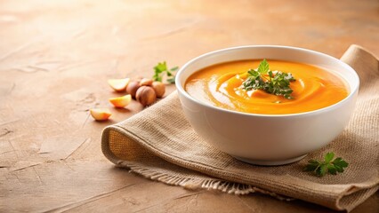 Creamy sweet potato soup in a delicate white ceramic bowl against a soft