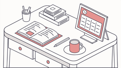 Isometric view of a desk with books, calendar, pencil holder, and coffee mug in a simple line art style