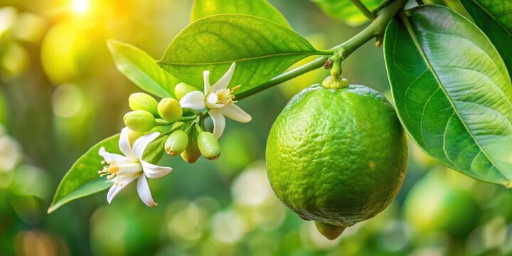 A juicy lime fruit hanging from a branch of a mature citrus tree in full bloom