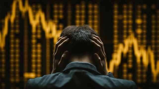 A person holding their head in distress with fluctuating stock market graphs in the background.