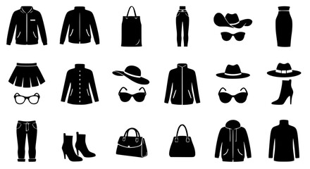 Fashion icon set silhouette isolated on transparent background. Collection of womens fashion silhouette icons isolated on transparent background