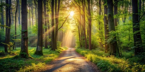 Fototapeta premium Forest pathway with sunlight filtering through trees