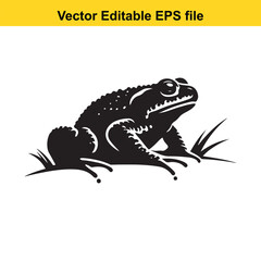 A black and white illustration of a toad sitting in the grass