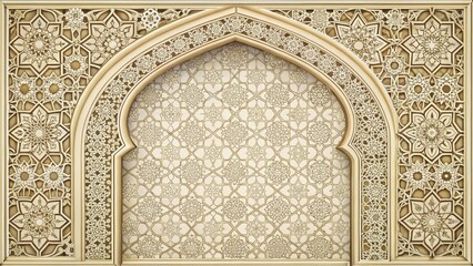 Ancient Islamic geometric patterns with intricate arches and floral motifs on a cream-colored background