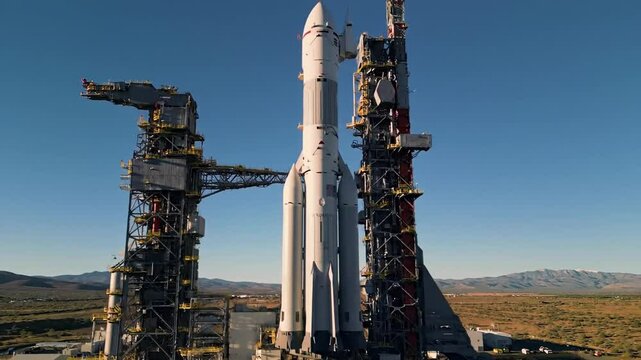Powerful rocket on launchpad ready for space mission. Giant spaceship stands tall against clear blue sky. Impressive rocket poised for liftoff, a captivating image perfect for video production.