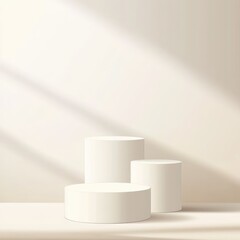 Three white cylinders on a light beige surface, bathed in sunbeams