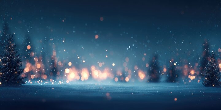 Winter night landscape with snow and lights