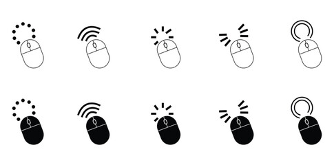 Set of computer mouse cursor icons with click, signal, and wireless motion effects in outline and filled styles.