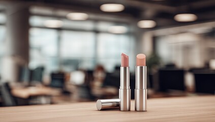 Two neutral-toned lip balms on a light wooden surface,  blurred office background