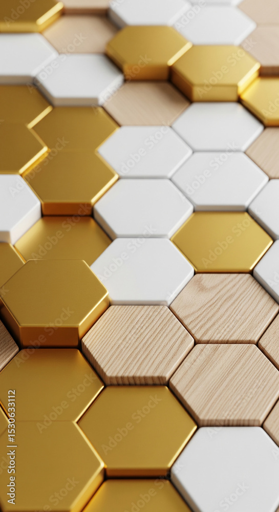 Poster abstract image of gold, white, and wood hexagon shapes creating a geometric pattern, showcasing a mo