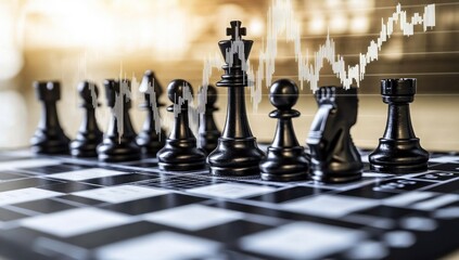 Chess pieces on board, overlaid with stock market graph