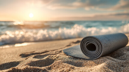 Yoga mat on sunset beach with ocean waves, peaceful golden hour serenity