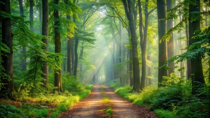 Fototapeta premium Forest Path Under Early Morning Mist