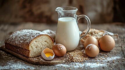 Bakery items and milk on rustic wooden surface