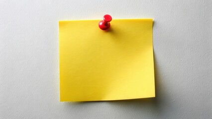 A single yellow sticky note stuck on a wall or surface with a red pin holding it in place