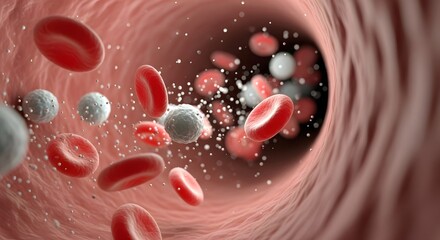 Microscopic View of Blood Cells Flowing Through Vessel: Red Blood Cells, White Blood Cells, and Plasma Particles in Motion