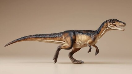 A dinosaur model stands prominently The figurine is posed mid stride showcasing its textured skin The brown and tan figure is captured against a neutral backdrop - Powered by Adobe