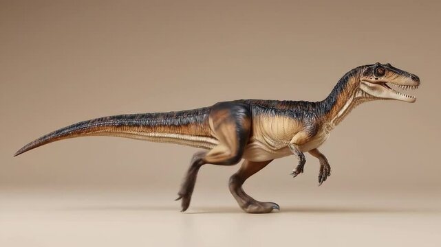 A dinosaur model stands prominently The figurine is posed mid stride showcasing its textured skin The brown and tan figure is captured against a neutral backdrop