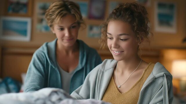 A devoted mother assists her daughter in preparing for college life in their warm, inviting home.