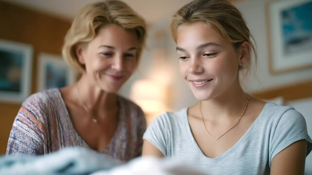 A single mother lovingly assists her daughter in packing for college in their warm, inviting bedroom.