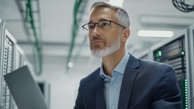 Mature caucasian male engineer in data center holding laptop