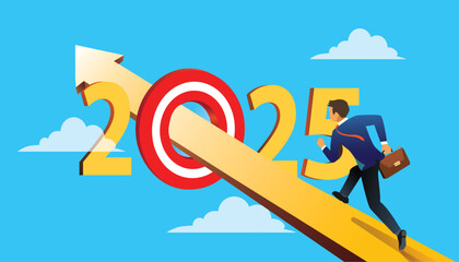 Businessman running and archery target breaking successful on 2025 year. Business superhero running on arrows to goals in 2025 year. business ideas and success. vector, illustration
