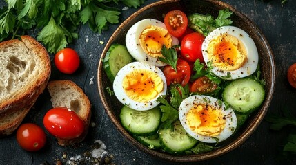 Bowl of fresh salad with hard-boiled eggs