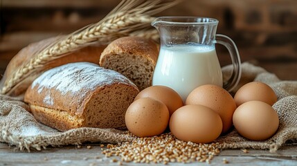 Bread, milk, and eggs on a rustic wooden table