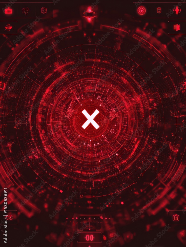 Poster Red X Mark Indicating an Error in a Distorted User Interface With a Clear Top Layout Design