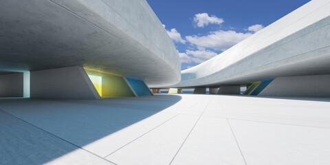 3d rendering empty concrete building exterior with colorful glass windows under partially cloudy sky