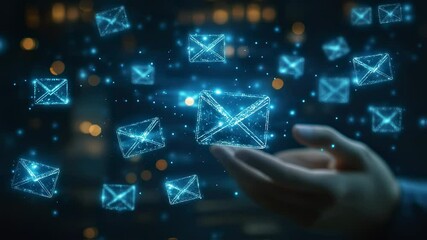 Digital communication concept with hand holding holographic email icons - Powered by Adobe