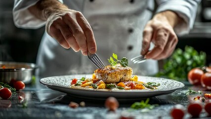 Culinary perfection, chef exquisitely plating a gourmet fish dish creation