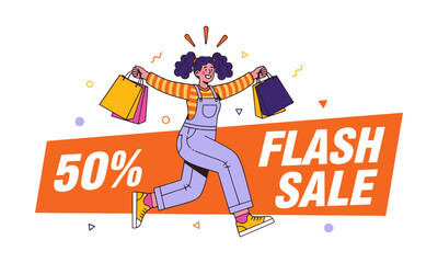 Dynamic Flash Sale and Shopping Promotion. Happy woman with shopping bags and "50% FLASH SALE" banner: dynamic retail promotion.
