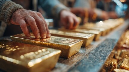 Close-Up of Hands Selecting Gold Bars in a Market, Highlighting Wealth, Commerce, Investment, and Economic Value in a Refined Environment
