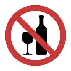 No Alcohol Sign Vector &ndash; Red Circle Slash on Wine Bottle and Glass Icon &ndash; Alcoholic Beverage Prohibited Symbol for Public and Workplace Use