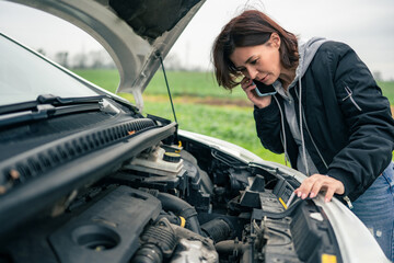 Girl Stands By A Car With The Hood Raised On The Street, Checking The Engine And Having A Phone Talk With Service