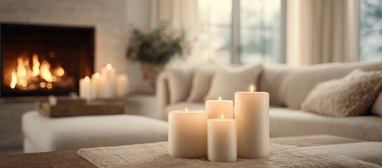 Cozy living room scene with candles and fireplace