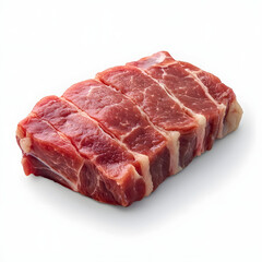 Raw cuts of beef steak and pork chops, isolated on a white background, show fresh red meat pieces ready for cooking