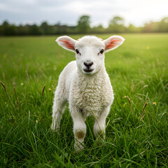 Obraz premium Lamb in Spring Pasture: A Young Sheep in Lush Green Grass