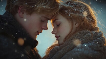 Close-up couple in winter, faces together, snow