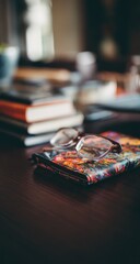 Glasses on a patterned cloth atop books