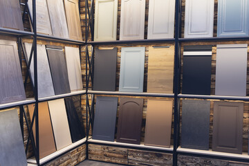 Various samples of kitchen facades in the showroom