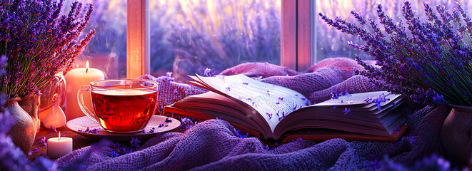 A cozy scene unfolds with a steaming tea cup, open book, and lavender by candlelight, evoking storytelling and calm.Book ads, wellness promotions