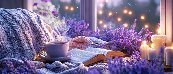 A cozy scene features a steaming cup, open book, and lavender blooms by candlelight, exuding warmth and peace.Wellness ads, cozy home decor, or relaxation promotions.